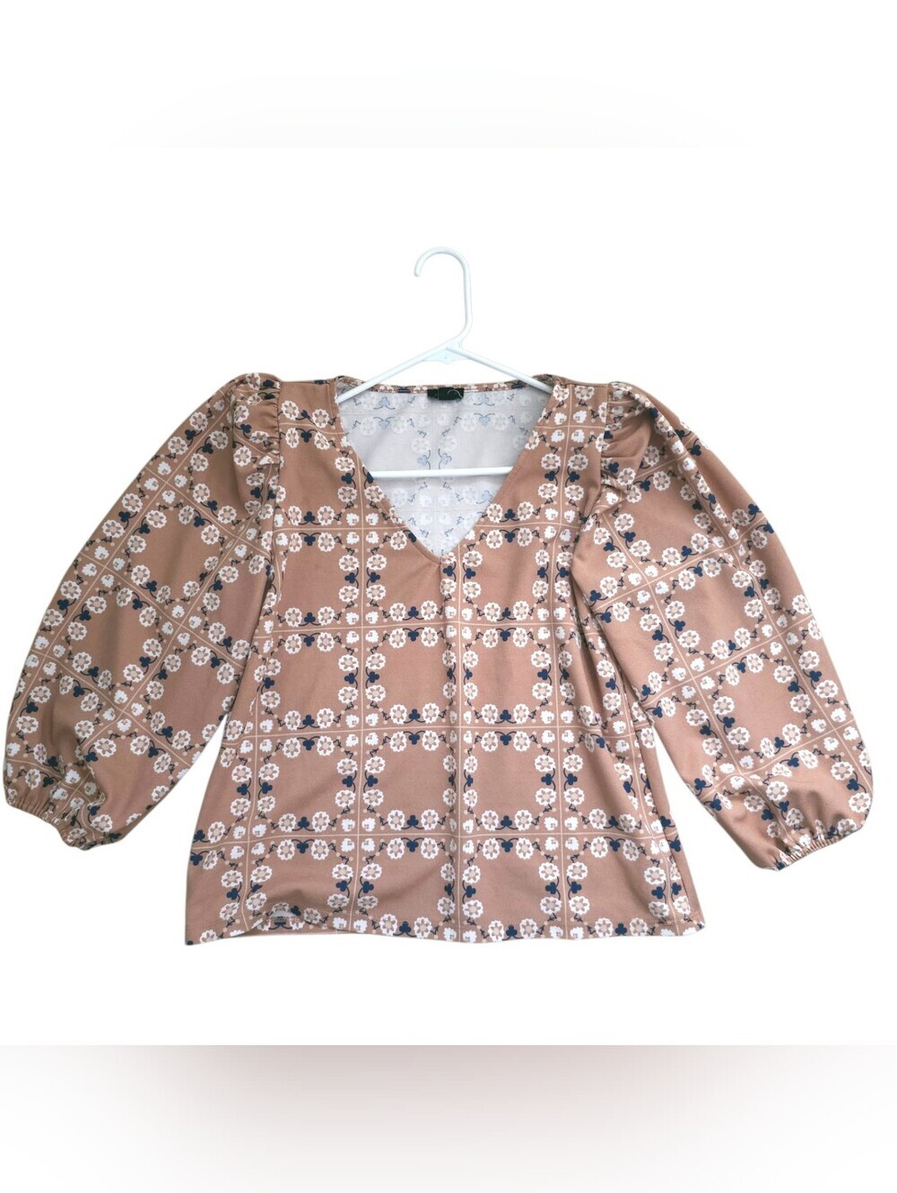 Ann Taylor V-Neck Floral Grid Blouse - Taupe